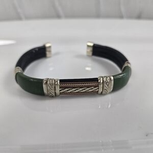 Green Leather & Braided Copper Adjustable Cuff Bracelet By HPSilver